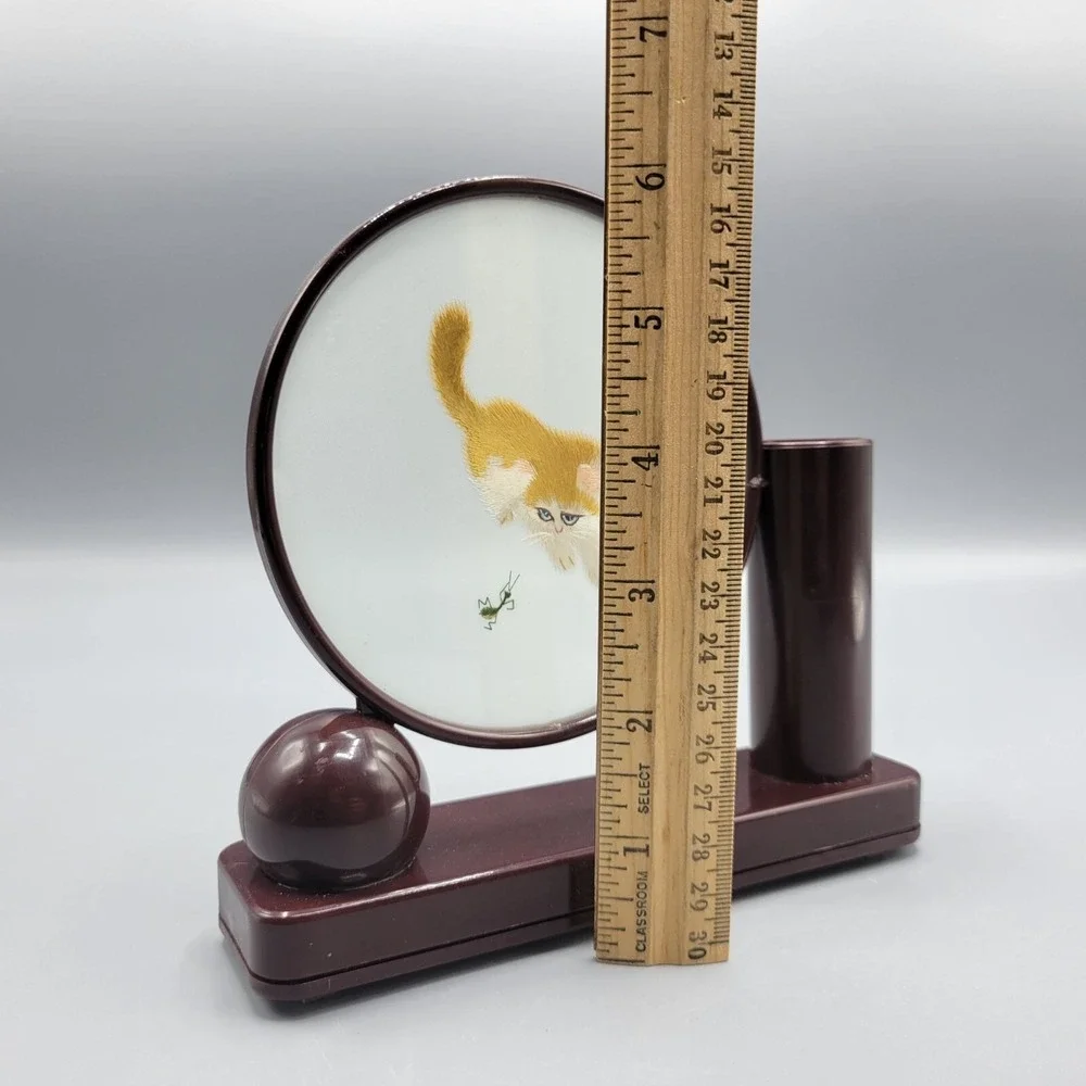 Vintage Unique Brown Desktop Pen Holder Embroidered Cat & Ant Design Plastic